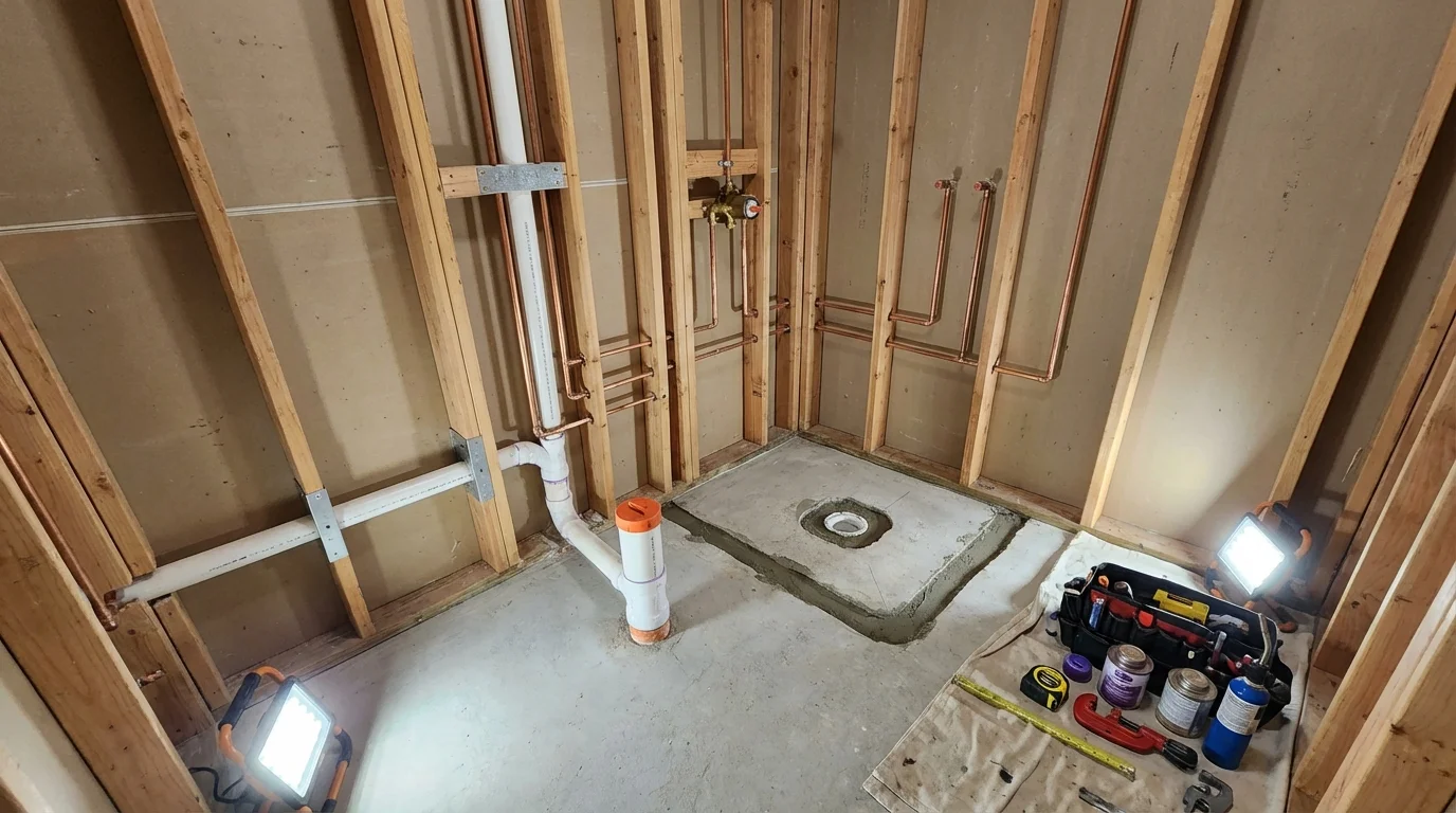 Bathroom rough-in plumbing during remodel by Johns Plumbing LLC in Sayville