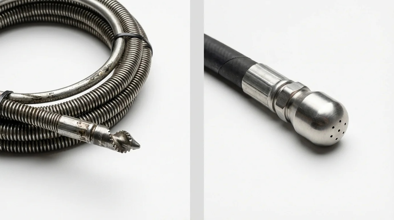 Drain snake cable and hydro jetting nozzle used for drain cleaning in Sayville, NY