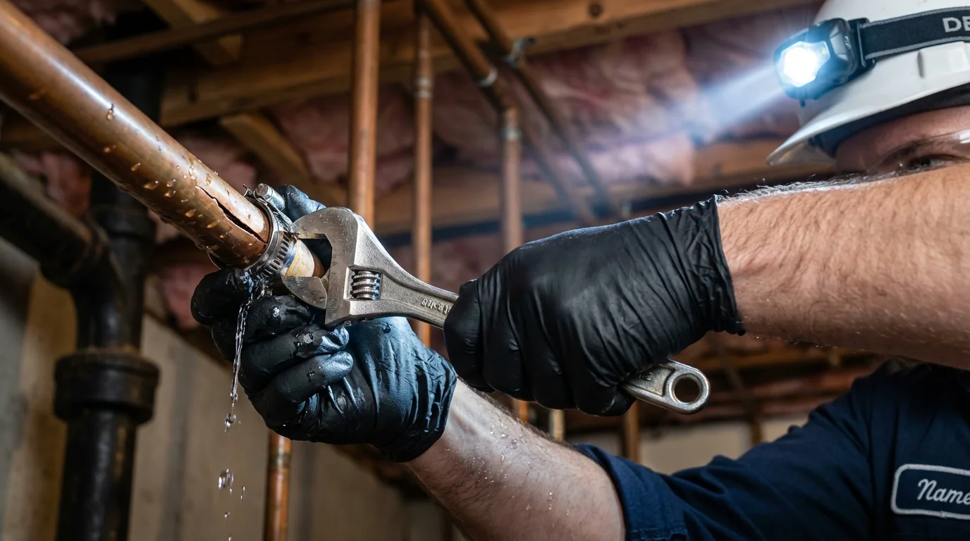 Emergency pipe clamp repair being performed by a Johns Plumbing LLC plumber in Sayville