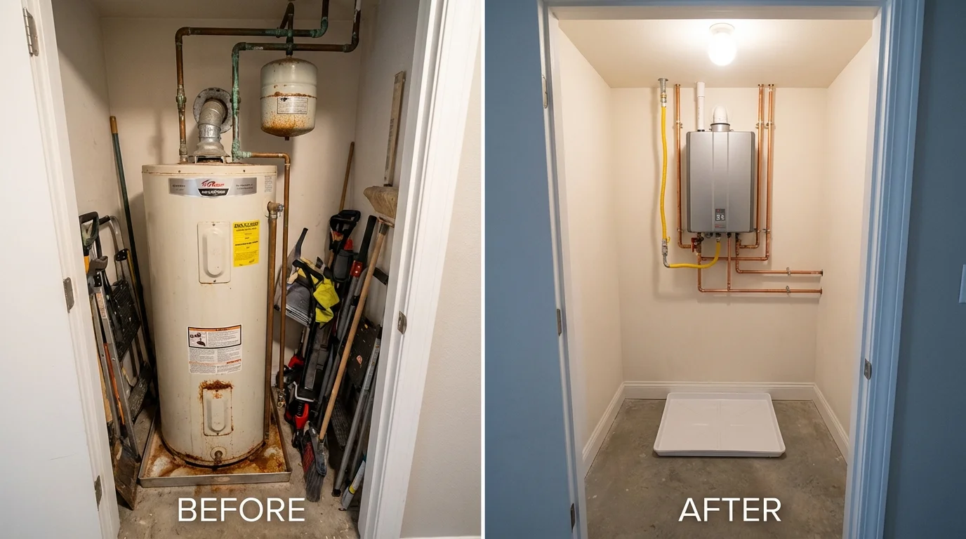 Tank water heater versus wall-mounted tankless unit comparison for Sayville, NY homeowners