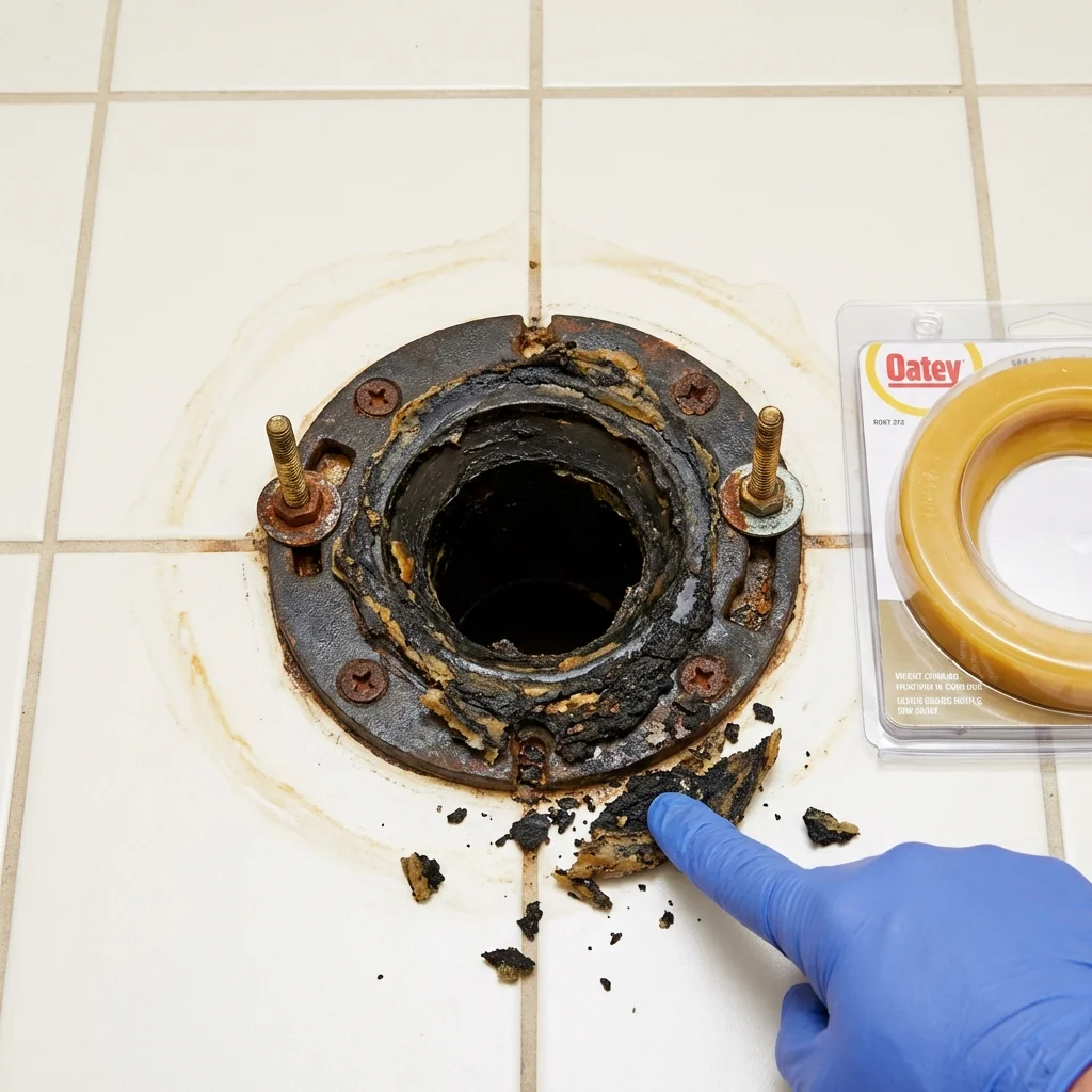 Failed wax ring showing water seepage at the base of a toilet in a Sayville, NY home