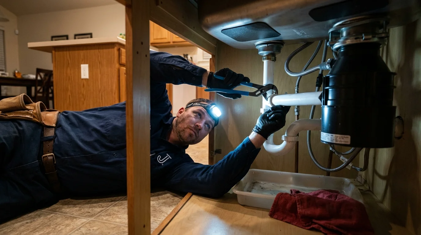 P-trap and supply line connections under a kitchen sink showing a common leak point in Sayville, NY